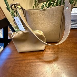 Antik Kraft Taupe Tote Bag & cosmetic bag Set Faux pebbled leather NEW